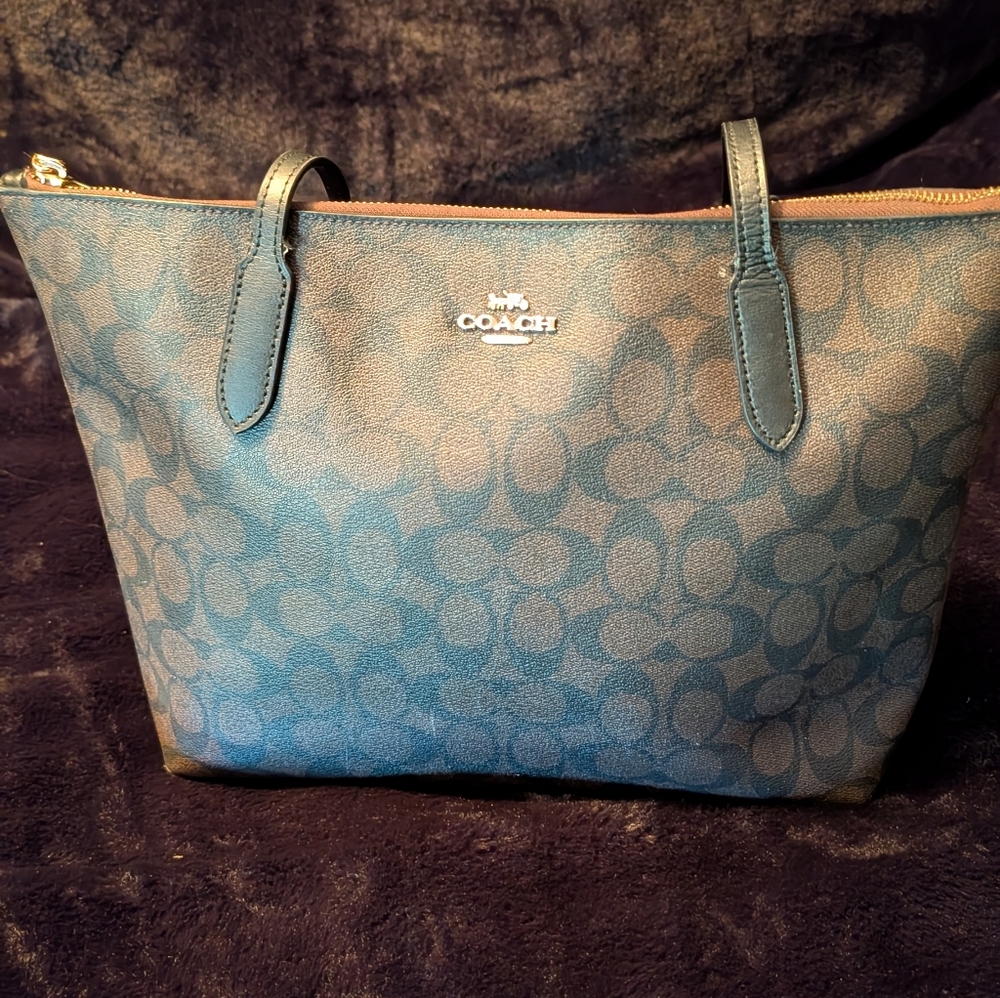 Coach Teal and Brown Signature Tote